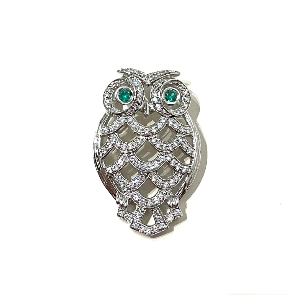 Sterling Silver 925 Large Owl CZ Pendant